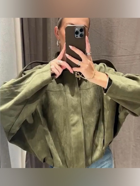 Anthropologie Olive Faux Suede Oversized Bomber Jacket - Picture 3 of 5